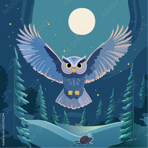 Owl in Flight Through Night Forest – Silent wings gliding, wide eyes, mouse scurrying below.
