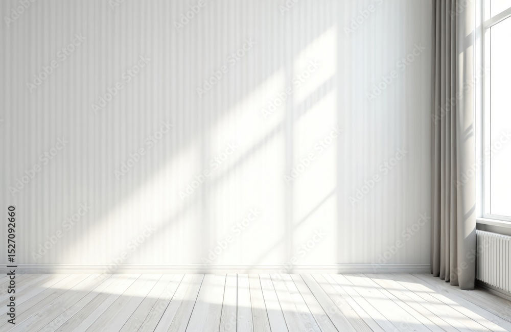 Fototapeta premium Bright empty room with white walls and parquet floor with sun shadows from window. White curtain, empty space, minimalistic interior design. Suitable for advertisement, background, design.