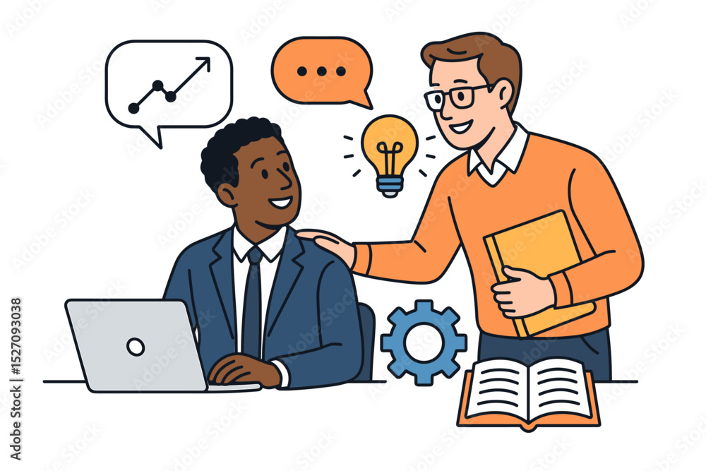 Mentorship concept with manager coaching employee. Career growth, professional development, and support. Business guidance, teamwork, new ideas, and corporate training success. Mentorship concept with manager coaching employee. Career growth, professional development, and support. Business guidance, teamwork, new ideas, and corporate training success.