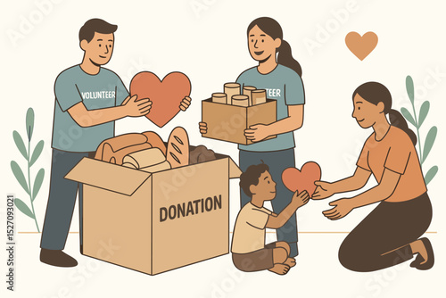 Volunteers giving food donation box to poor family. Charity and community support concept. Man and woman helping mother and child. Humanitarian aid vector illustration.