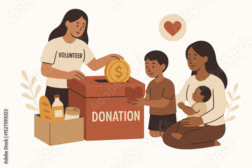 Volunteer donating money and food for a poor family. Charity and community support concept. Social care, help, and kindness illustration for fundraising and humanitarian aid.