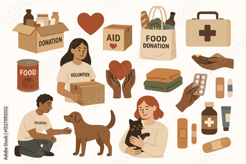 Humanitarian aid and charity donation vector illustration set. Volunteers giving food, medicine, and support. Social help, community care, relief work, and animal rescue concept.
