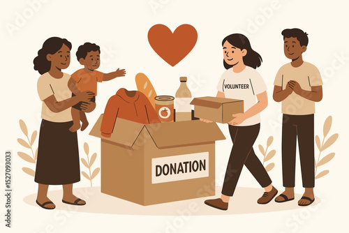 Volunteers giving donation box with food and clothes to a poor family. Charity, community support and humanitarian aid concept. Social work, kindness, helping people in need.