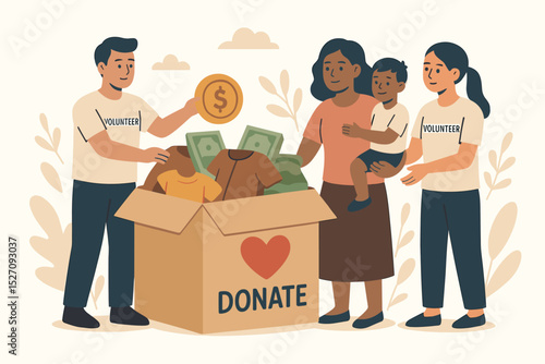 Volunteers giving a donation box with money and clothes to a mother with her child. Community support and charity concept. Social aid for people in need. Humanitarian help and kindness.