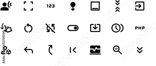 Minimalist black vector icons on white background: software symbols, keyboard keys, chat bubbles, camera lens, arrows, checkmark, and letters P-H-M-S-L-T-G-C-A-D-I-Y-K-U-N-O-W-E.