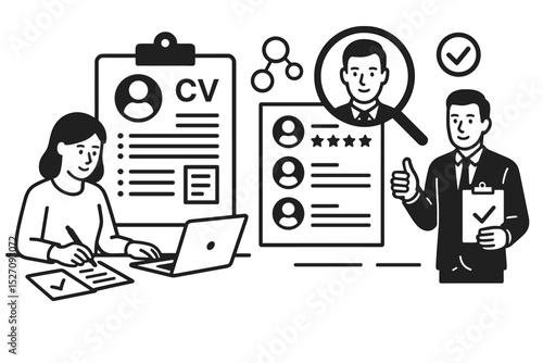 Talent acquisition and recruitment process concept. Human resources manager hiring new employee. HR specialist reviewing CV resume and searching for a candidate. Staffing agency vector.