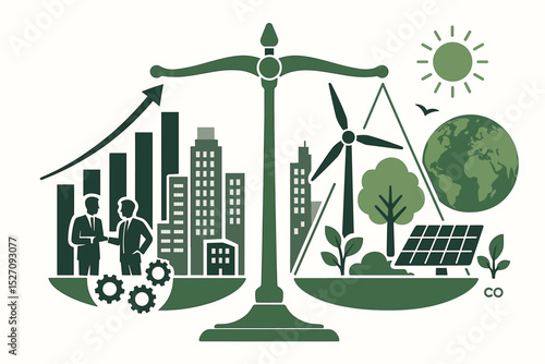 ESG concept vector with scale of justice balancing business growth and green environment. Corporate social responsibility, sustainable development, eco friendly industry, clean energy.