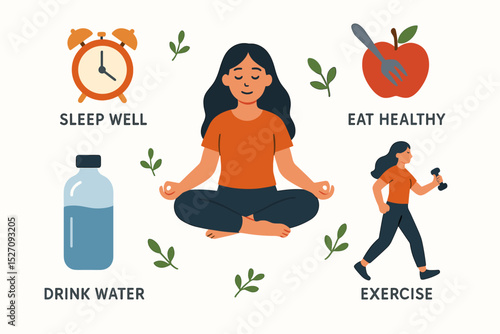 Self care routine and healthy lifestyle habits. Woman practicing meditation for mental health, exercise, healthy eating, and good sleep. Vector illustration for wellness and balance.