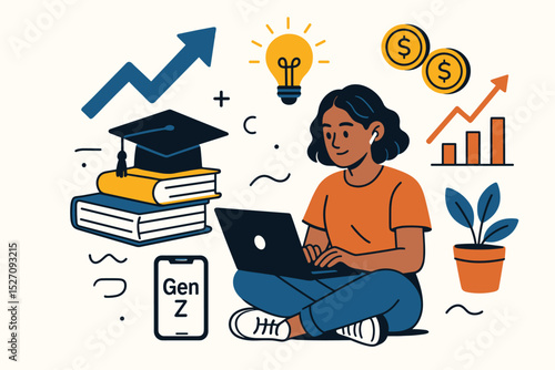 Gen Z student with laptop learning about finance, investment, and career growth. Concept of online education, financial literacy, innovation, and startup ideas for young people.