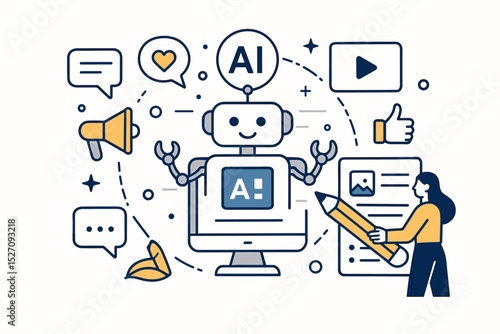 AI marketing automation concept. Woman uses artificial intelligence for content creation and social media. Robot assistant for digital business strategy, copywriting, and customer engagement.