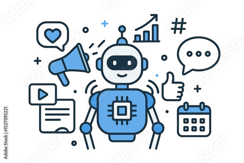 AI marketing automation concept with a robot. Social media management, digital promotion, and chatbot technology. Content scheduling, data analytics, and customer engagement vector.