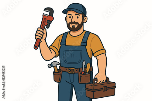 Cartoon handyman plumber mascot holding a wrench and toolbox. Professional repairman character for home repair service. Worker, craftsman, or mechanic with tools. Vector illustration.