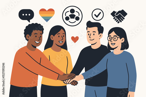 Diverse team collaboration vector. Multicultural group putting hands together. Unity, teamwork, inclusion, and support concept. Partnership and equality. LGBTQ+ friendly community.