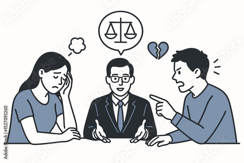 Couple conflict mediation and divorce counseling. Angry man and sad wife in therapy with a lawyer. Vector illustration of family dispute, relationship problems, legal advice, breakup.