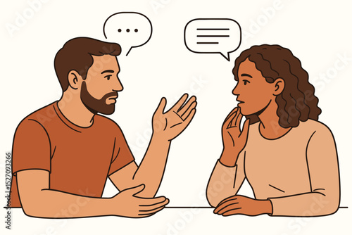 Relationship therapy concept. Couple communication issues. Man and woman in dialogue, trying to solve conflict. Psychology counseling session vector illustration with speech bubbles.