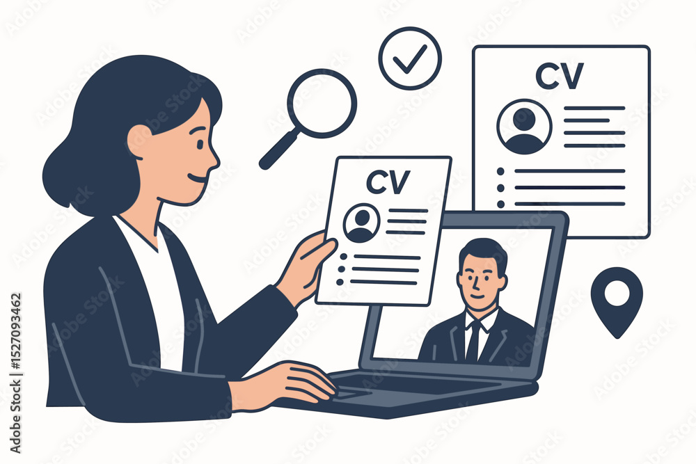 Virtual interview and remote hiring concept. HR manager reviews candidate resume via video call. Online recruitment, headhunting, and employment process. Job search vector illustration. Virtual interview and remote hiring concept. HR manager reviews candidate resume via video call. Online recruitment, headhunting, and employment process. Job search vector illustration.