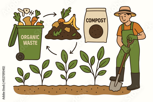 Composting cycle illustration with farmer. Organic waste recycling process from food scraps to fertilizer. Sustainable, eco-friendly gardening and zero waste living concept.