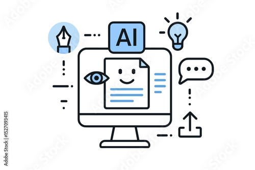 AI writing assistant concept. Artificial intelligence for content generation, copywriting, and editing. Automated text creation and proofreading technology. Flat vector illustration.