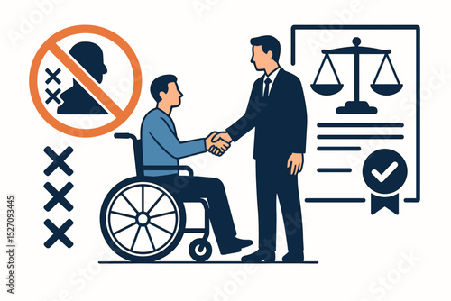 Disability rights law and anti-discrimination concept. Man in wheelchair shaking hands with lawyer. Legal protection, justice, and inclusion for disabled people. Equal opportunity.
