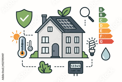 Home energy efficiency audit concept. Sustainable house with solar panels and energy performance certificate rating. Green eco living, consumption saving, smart home technology vector.