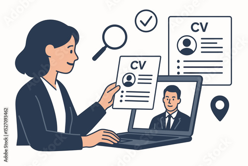 Virtual interview and remote hiring concept. HR manager reviews candidate resume via video call. Online recruitment, headhunting, and employment process. Job search vector illustration.