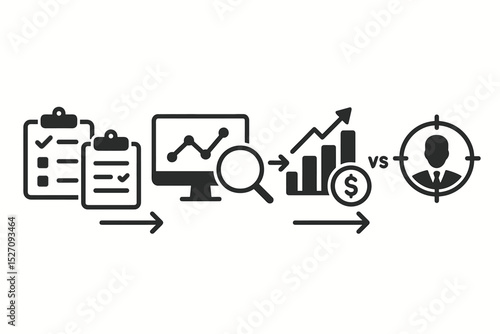 Competitor analysis workflow icon set. Business strategy process for market research, data evaluation, financial performance review, and targeting rivals. Vector infographic concept.