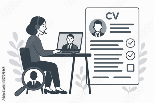 Virtual interview concept. HR manager woman with headset interviews job candidate on laptop. Online recruitment, hiring process. Recruiter reviewing CV resume via video call.