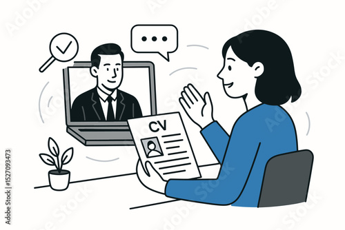 Virtual job interview concept. Woman candidate with CV having online video call with HR manager. Remote hiring and recruitment process. Human resources technology concept. Line art.