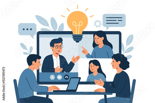 Digital team collaboration concept. Business people on video conference call for online meeting and brainstorming. Remote work, virtual communication with lightbulb idea symbol.