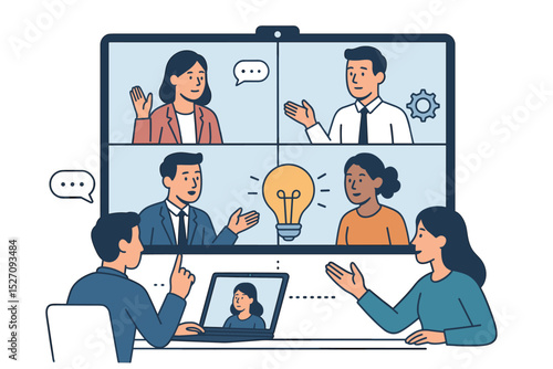 Business team on video conference call. Hybrid work concept with remote employees. Online meeting for collaboration, brainstorming, and generating new ideas. Digital teamwork vector.