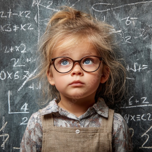 A thoughtful young girl in glasses looking up with chalkboard filled with math equations in background. The girl has her hair in a messy bun.