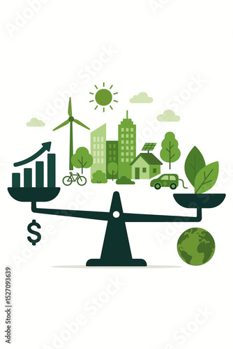 Sustainable development concept on a balance scale. Balancing economy, finance, and green city growth against environmental protection and planet earth. ESG and CSR vector metaphor.
