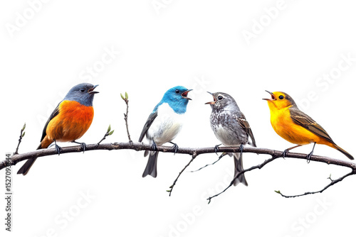 Colorful birds singing together on a branch in nature vibrant wildlife cut out on transparent background