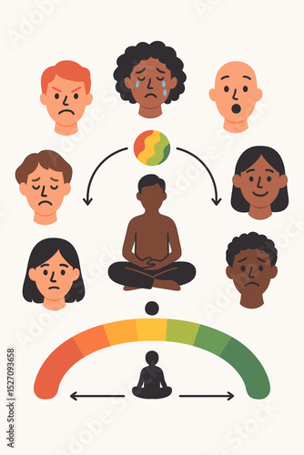 Emotional regulation concept with meditation for mental health and wellbeing. Diverse faces show mood spectrum from sad to happy. Psychology infographic for mindfulness and stress balance.