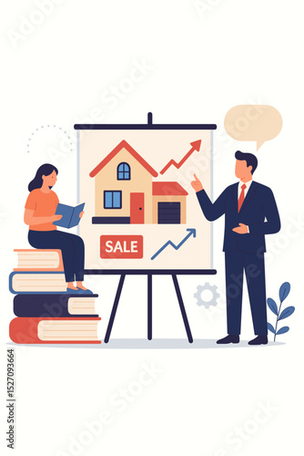 Real estate agent consulting client on property investment. Broker presenting housing market growth for a house sale. Woman learning about finance and mortgages from books.