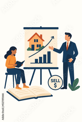 Real estate agent gives presentation on property investment. Woman learning at a seminar about selling houses. Broker shows growth chart for successful home sales concept vector.