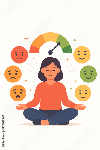 Woman meditating to control emotions. Mental health concept with mood scale and emoji faces. Self-awareness, mindfulness, and emotional regulation for psychological well-being.
