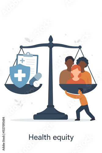 Health equity vector illustration. Scales of justice balancing a diverse community and medical care. Concept of social justice, healthcare disparity, racial inequality and equal access.