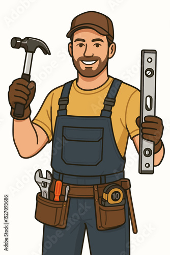 Handyman character mascot illustration. Friendly smiling carpenter or builder with tool belt, hammer, and level. Construction worker for home repair, maintenance, and renovation service.