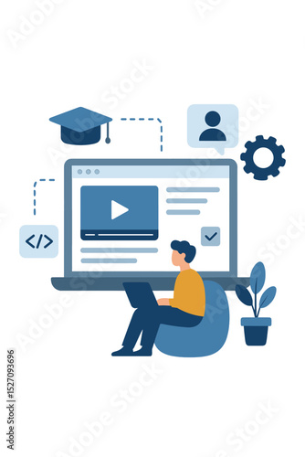 E-learning vector illustration for online education. Man with laptop studies via video tutorial. Concept for webinar, distance learning, digital course, knowledge, and skills.