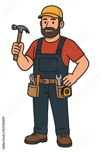 Skilled handyman character cartoon mascot for repair services. Professional construction worker or carpenter with tool belt and hammer. Vector illustration for home improvement and maintenance.