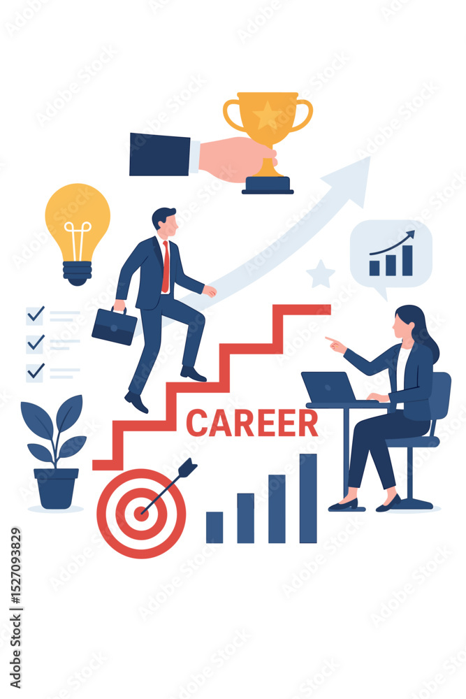 Career growth concept vector illustration. Businessman climbing stairs to success, achieving goals. Corporate ladder, professional development, ambition, leadership, and progress. Career growth concept vector illustration. Businessman climbing stairs to success, achieving goals. Corporate ladder, professional development, ambition, leadership, and progress.