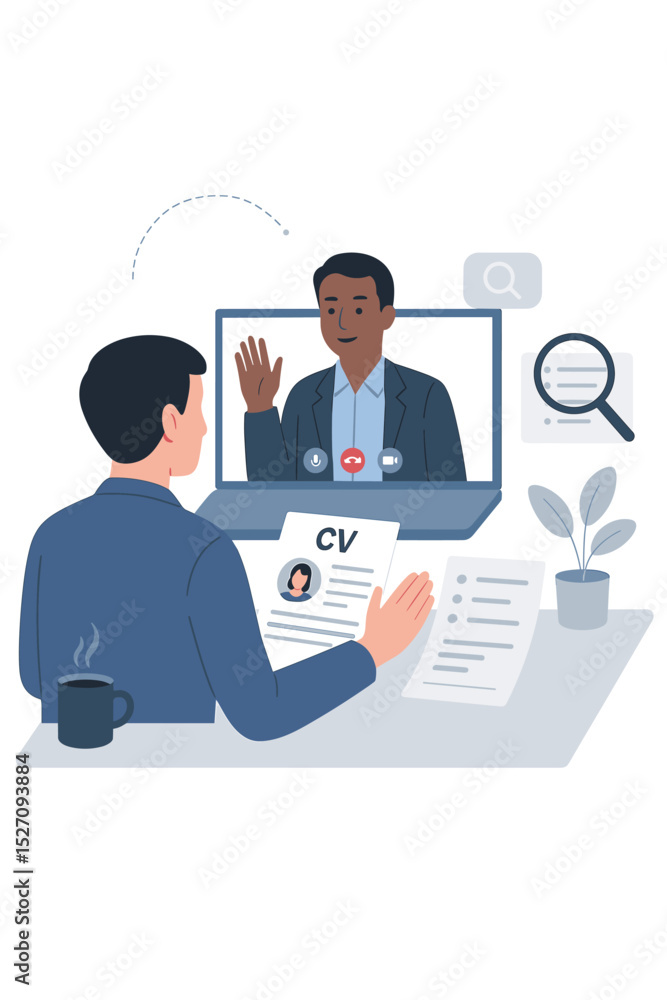 Virtual job interview and online recruitment process. HR manager conducts video call with applicant. Candidate on laptop screen. Hiring, remote work, and employment business concept. Virtual job interview and online recruitment process. HR manager conducts video call with applicant. Candidate on laptop screen. Hiring, remote work, and employment business concept.