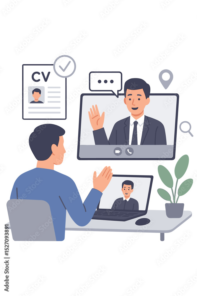 Online job interview and virtual hiring process concept. Man candidate on video conference call with HR manager. Remote recruitment, employment search, career opportunity, CV resume. Online job interview and virtual hiring process concept. Man candidate on video conference call with HR manager. Remote recruitment, employment search, career opportunity, CV resume.