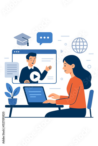 E-learning and online course concept. Woman studying on a laptop watching a video webinar with a male teacher. Distance education, online training, and virtual classroom vector.