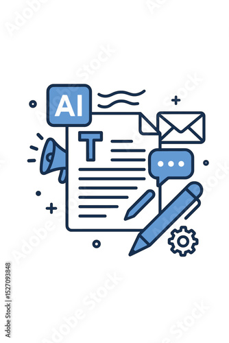 AI writing tool concept for content creation. Artificial intelligence assistant generating text for marketing, email, blog. Copywriting automation technology. Line vector illustration.