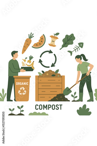 Composting process concept with people recycling organic food waste. Man and woman gardening, making fertilizer from scraps. Sustainable zero waste lifestyle vector illustration.