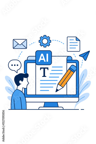 Concept of AI writing tool. Artificial intelligence technology for content creation and copywriting. Man at computer uses software for automated text generation, blogging and marketing.