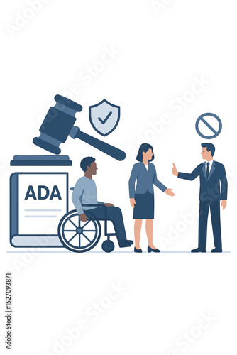 Americans with Disabilities Act ADA concept. Workplace discrimination, job refusal. Man in wheelchair denied employment. Civil rights, justice, equal opportunity, law, inclusion.