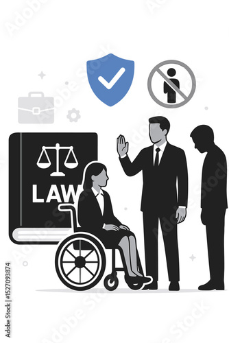 Workplace equality and disability rights concept. Woman in wheelchair with lawyer fighting discrimination. ADA, law book, and justice symbols for inclusion and diversity vector.